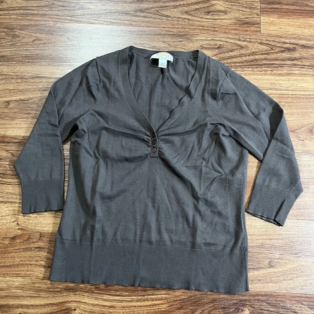 Talbots Sweatshirt V Neck Button Long Sleeves Pullover Shirt Gray Women's Medium